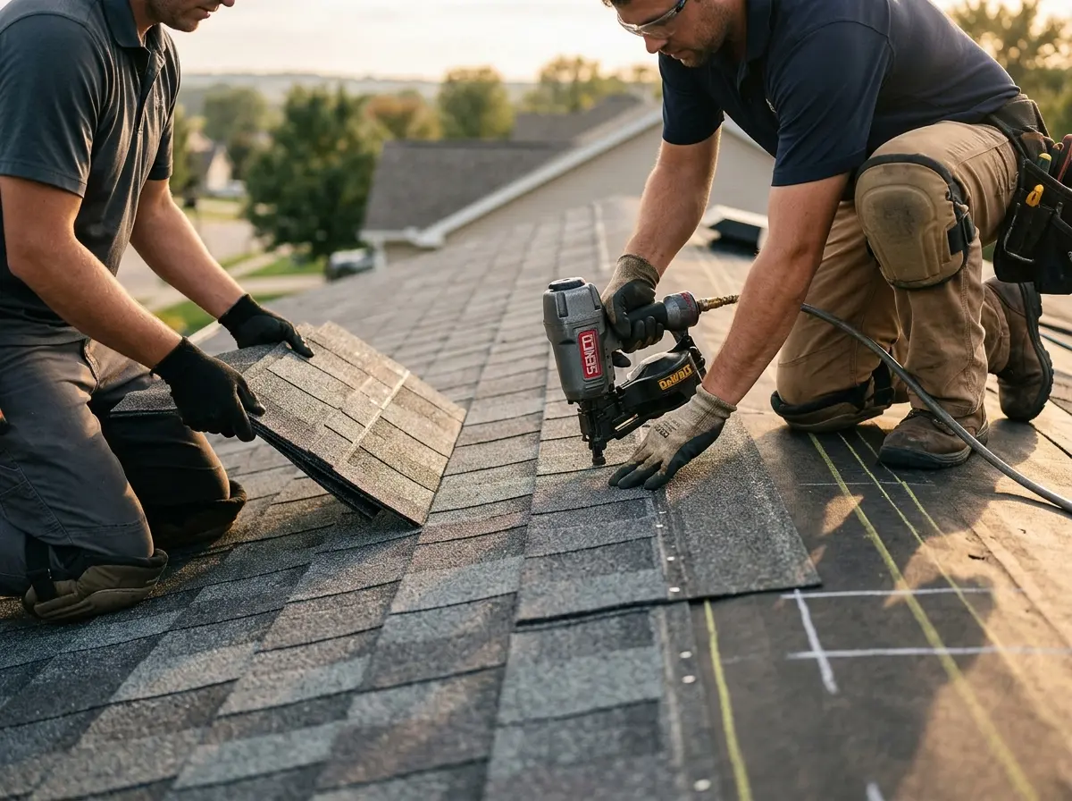 Professional roofer working on a residential roof in Clarkston
